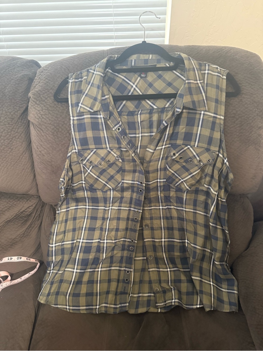 Rock & Republic Olive and Navy Plaid Sleeveless Button-Up